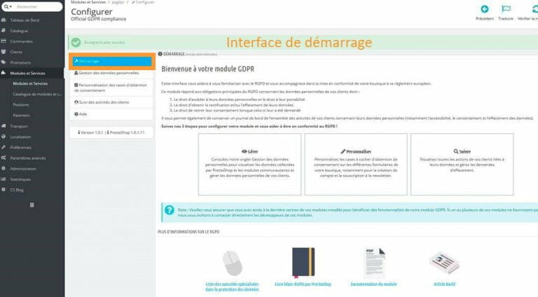 Interface de démarrage GDPR de Prestashop