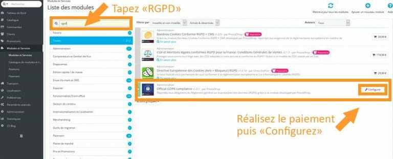 Recherche du module RGPD sous Prestashop