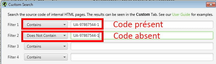 filtre screaming frog code UA 