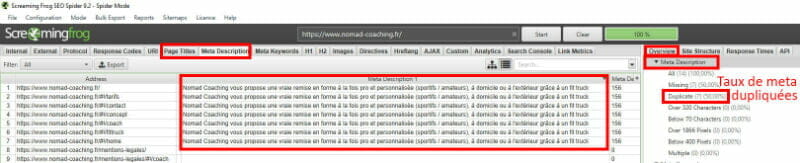 screaming frog meta dupliquées 