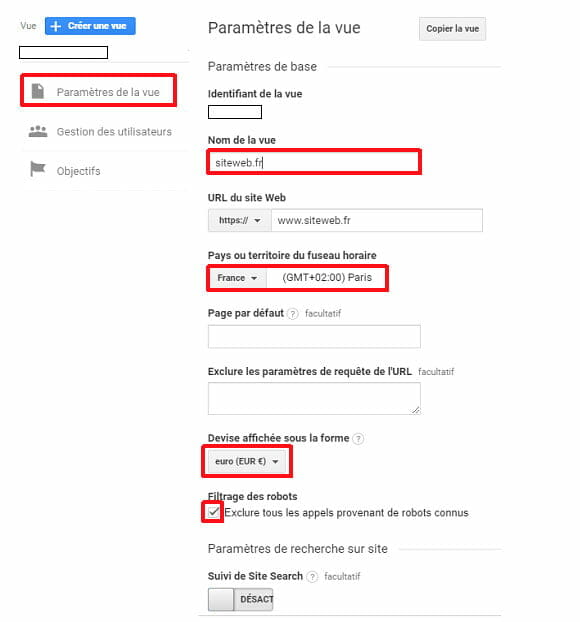 Vue Google Analytics paramètres