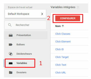 Onglet Variables Tag Manager