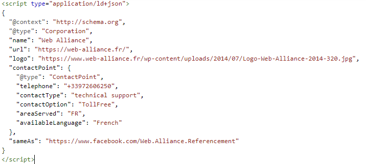 Capture d'écran du code JavaScript Object Notation for Linked Data fourni par l'outil d'aide au balisage de Google
