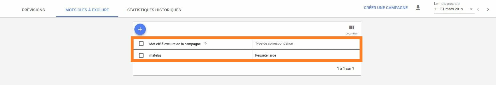 exclusion mots cles keyword planner