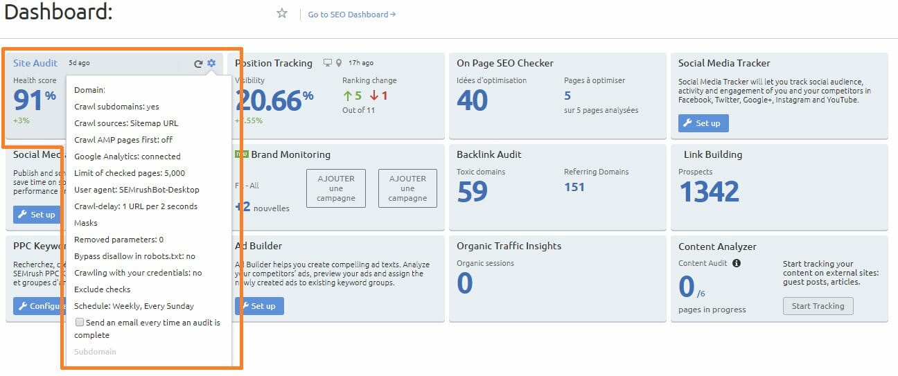 parametrage site audit semrush