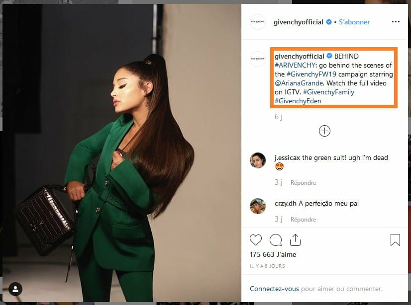 Publication Givenchy Instagram avec Ariana Grande