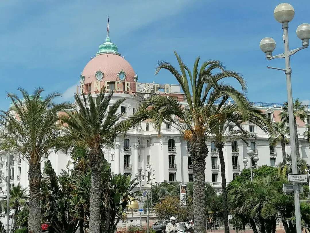 Palmier au premier plan et l’hôtel Negresco à Nice en arrière-plan