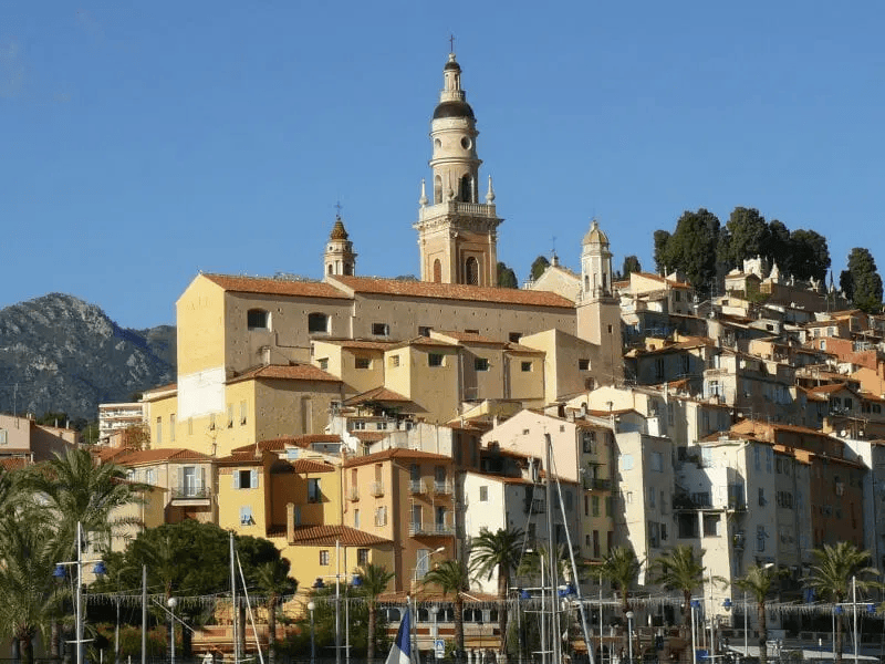 Palmier au premier plan et l’hôtel Negresco à Nice en arrière-plan